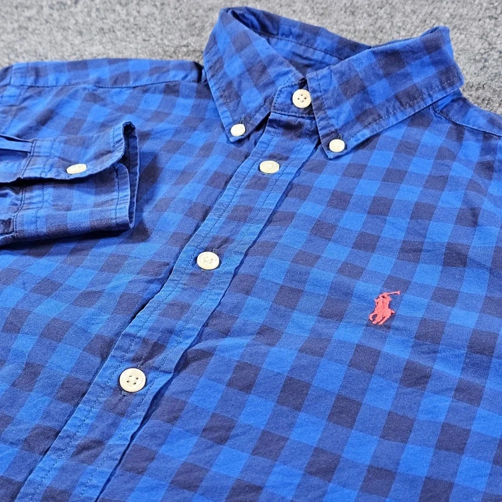 Ralph Lauren Boys Blue Gingham Check Button Down Shirt Size L 14-16 Cotton 0518